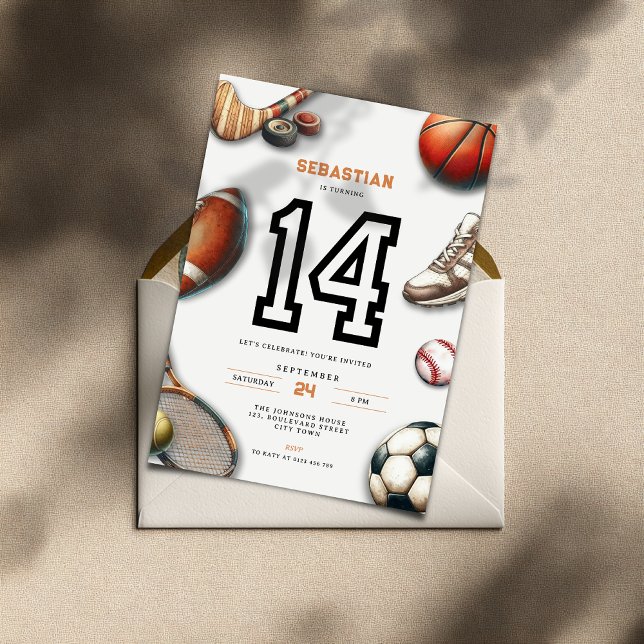 All Star Sports 14th Birthday Invitation for Boys Einladung (All Star Sports 14th birthday invitation for teenager boys)