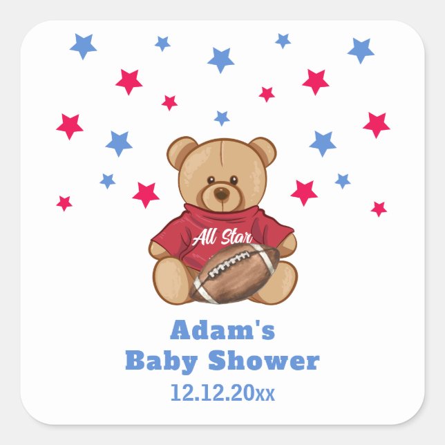 All Star Teddy Bear Football Sport Baby Shower  Quadratischer Aufkleber (Vorderseite)