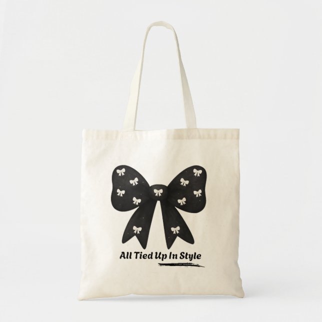 All Tied Up In Style Tote Bag – Elegant Black Bow  Tragetasche (Vorne)
