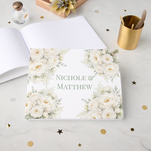 All White Floral Wedding Gästebuch (Vorderseite Offen)
