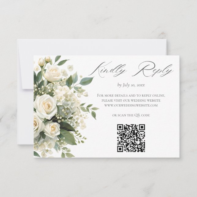 All White Hydrangeas Roses Wedding Website QR Code RSVP Karte (Vorderseite)