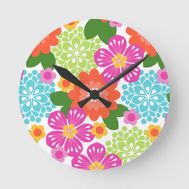 Allana Garden Hawaiian Graphic Floral - Brights Runde Wanduhr (Vorderseite)