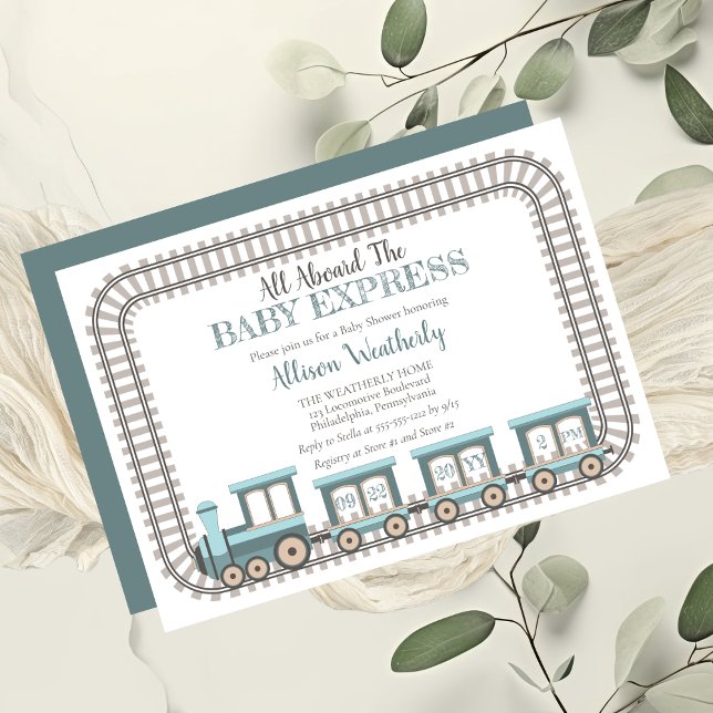 Alle an Bord des Baby Express Train Boy Baby Showe Einladung ("All Aboard The Baby Express" Blue Train Boy Baby Shower)