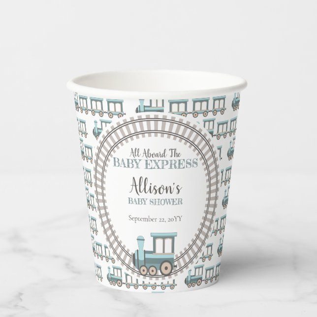 Alle an Bord des Baby Express Train Boy Baby Showe Pappbecher (Vorderseite)