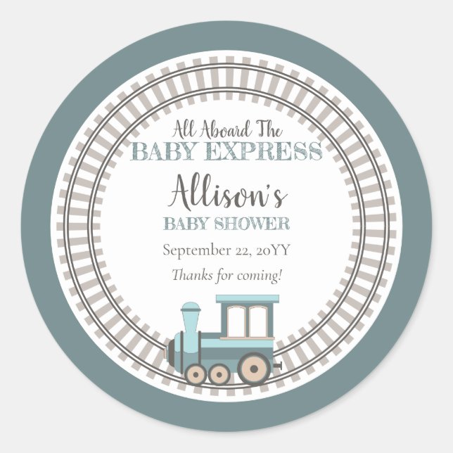 Alle an Bord des Baby Express Train Boy Baby Showe Runder Aufkleber (Vorderseite)