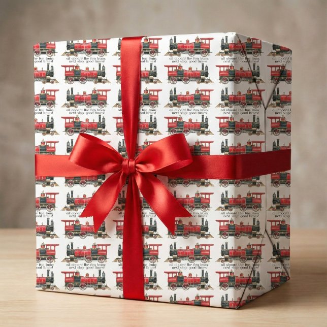 Alle an Bord des lustigen Zuges, nächste Haltestel Geschenkpapier (All aboard the fun train, next stop: good times! wrapping paper)