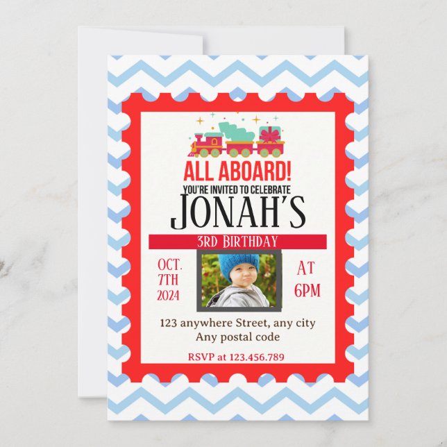 Alle an Bord! Thema Züge Einladung (Vorderseite)