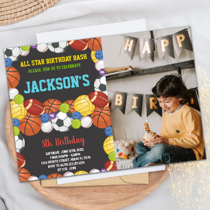 Alle Balls Black Sports Party Geburtstag mit Foto Einladung
