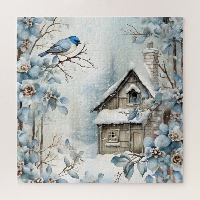 Alle blauen Winter Szene Bird Alte Kabinen Blüten Puzzle (Horizontal)