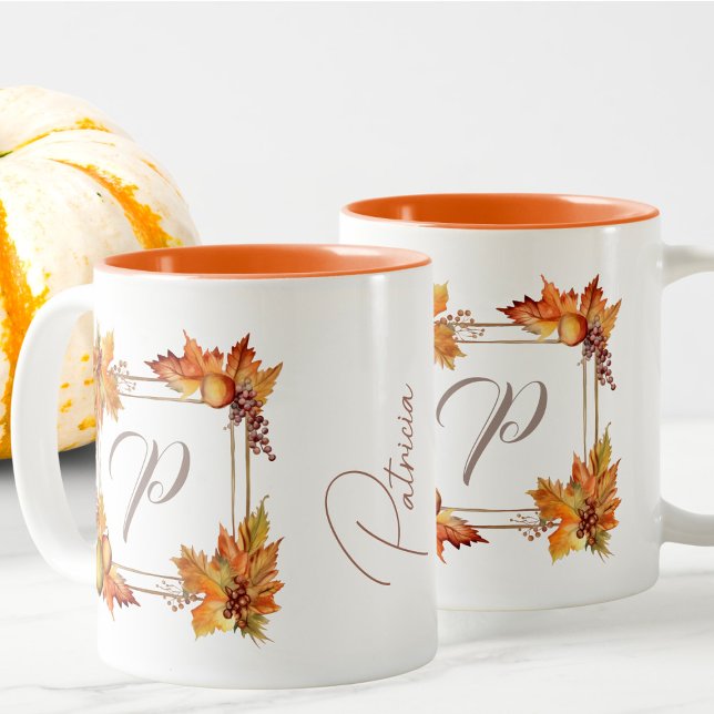 Alle Briefe Moderne Boho Herbstlaubs Monogram Zweifarbige Tasse (Von Creator hochgeladen)