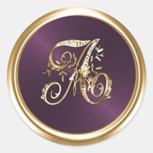 Alle Buchstaben Pflaume Gold Verzierte Monogramm  Runder Aufkleber