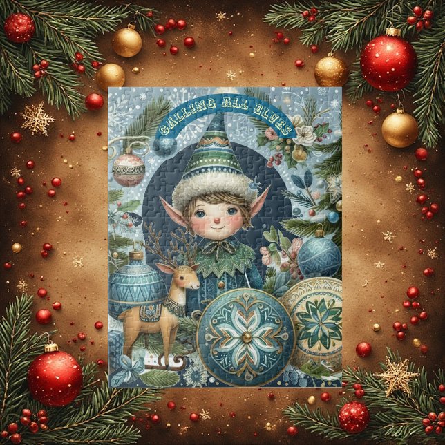 Alle Elfen-Schneeflocken zum Weihnachtsfest eingel Puzzle (Calling All Elves Snowflakes Hail Christmas Party Jigsaw Puzzle)