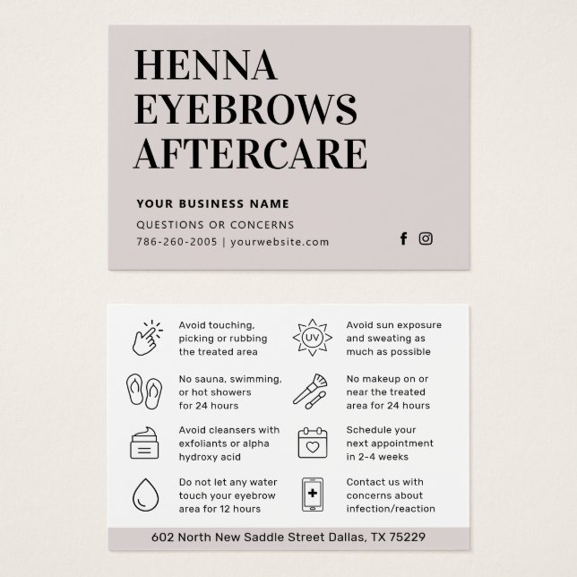 Alle Farbton Henna Brows Aftercare Card Ratschläge (Vorne & Hinten)