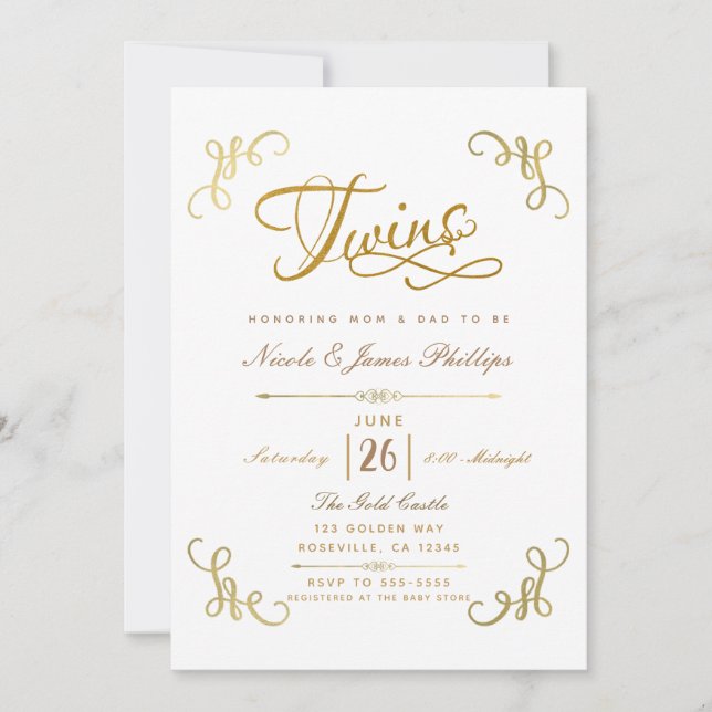 Alle Gold Imitate Foil Baby Dusche TWINS Script Ty Einladung (Vorderseite)