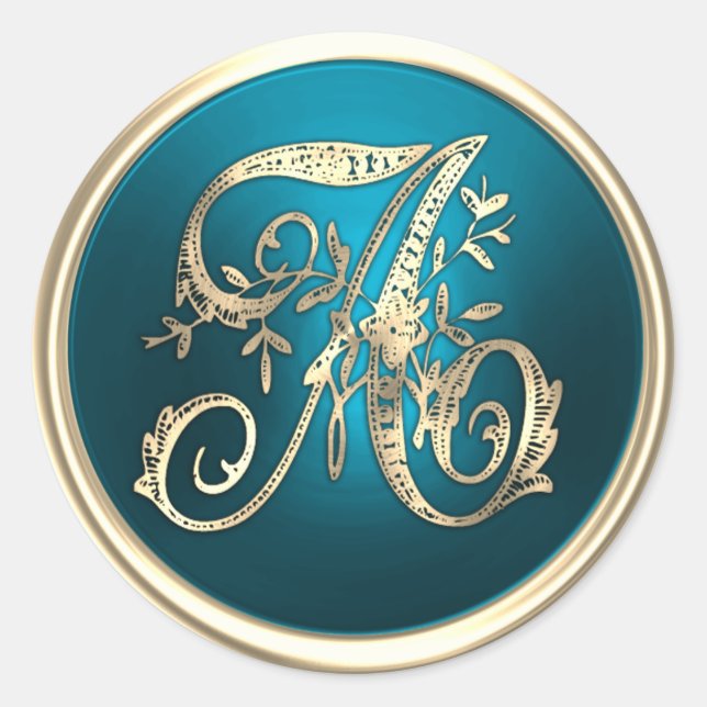 Alle Gold Monogram Aquamarin Runder Aufkleber (Vorderseite)