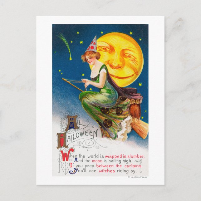 Alle Halloween Hexe auf einem Broom von Vollmond Postkarte (Vorderseite)