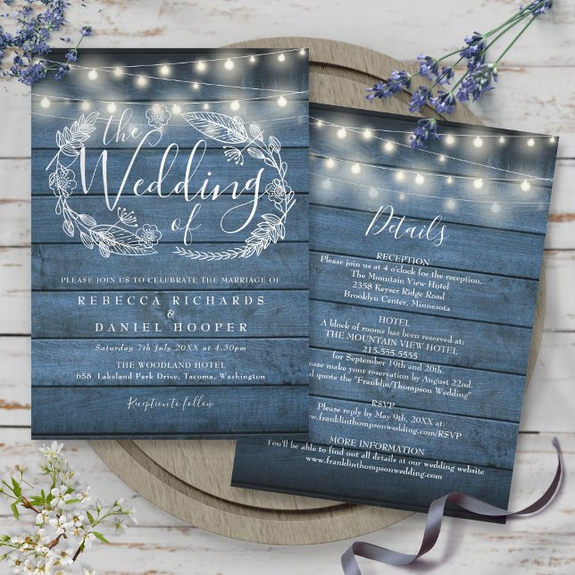 Alle in einem blauen rustikalen Holz String Lichte Einladung (All In One Blue Rustic Wood String Lights Wedding Invitation)