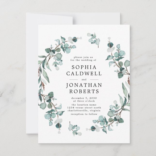 Alle in einem QR-Code Eukalyptus Greenerity Weddin Einladung (Vorderseite)