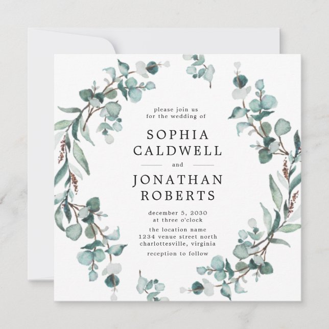 Alle in einem QR-Code Eukalyptus Greenerity Weddin Einladung (Vorderseite)