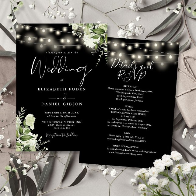 Alle in einer schwarzen Saitenleuchte Blumenhochze Einladung (All In One Black String Lights Floral Wedding Invitation)