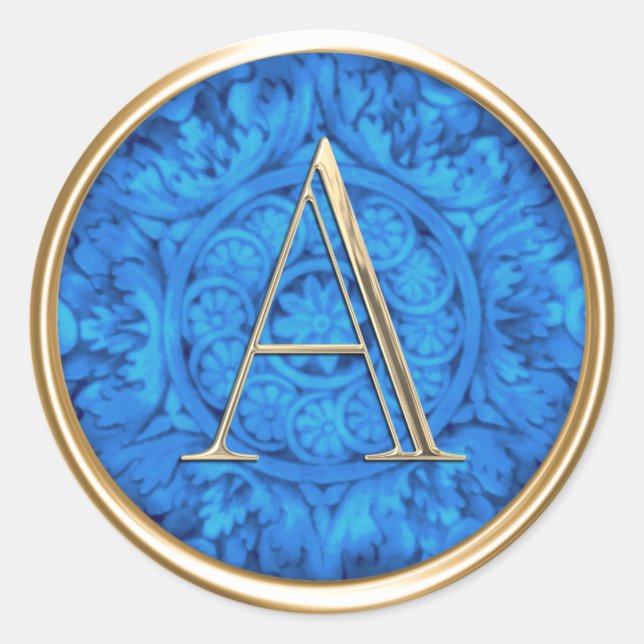 ALLE INITIALEN Gold Monogram Blue Verziert Runder Aufkleber (Vorderseite)