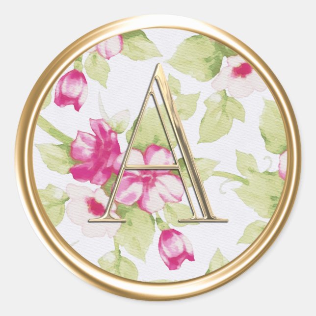 ALLE INITIALEN Gold Monogram Pink Floral Runder Aufkleber (Vorderseite)