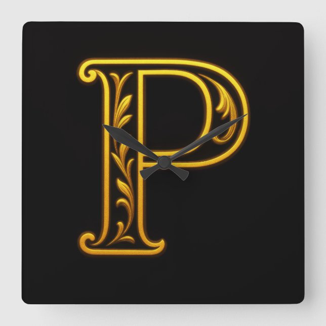 ALLE INITIALEN Schwarz-Gold-Blüte Geblüht Quadratische Wanduhr (Vorderseite)