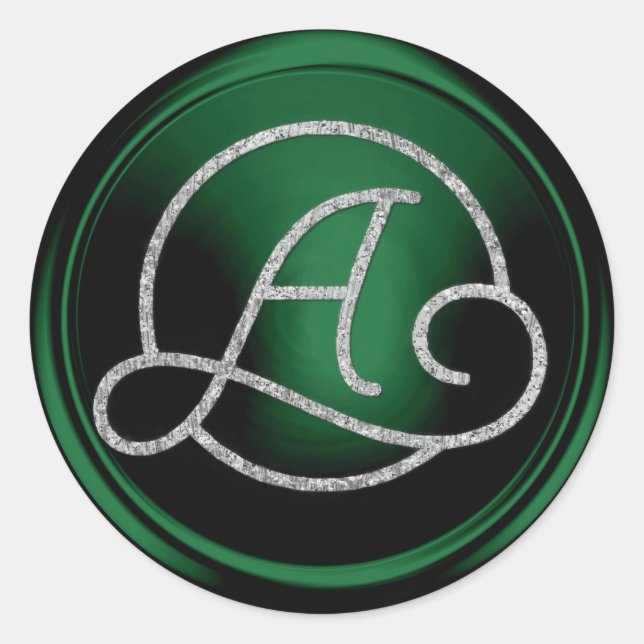 ALLE INITIALEN Silberner Kreis-Monogramm Smaragdgr Runder Aufkleber (Vorderseite)