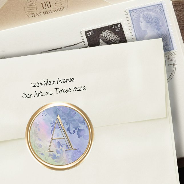 ALLE INITIALS Gold Monogram Aquarell Damask Blau Runder Aufkleber (Von Creator hochgeladen)