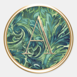 ALLE INITIALS Gold Monogram Blue und Green Damask Runder Aufkleber