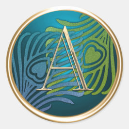 ALLE INITIALS Gold Monogram Blue und Green Peacock Runder Aufkleber