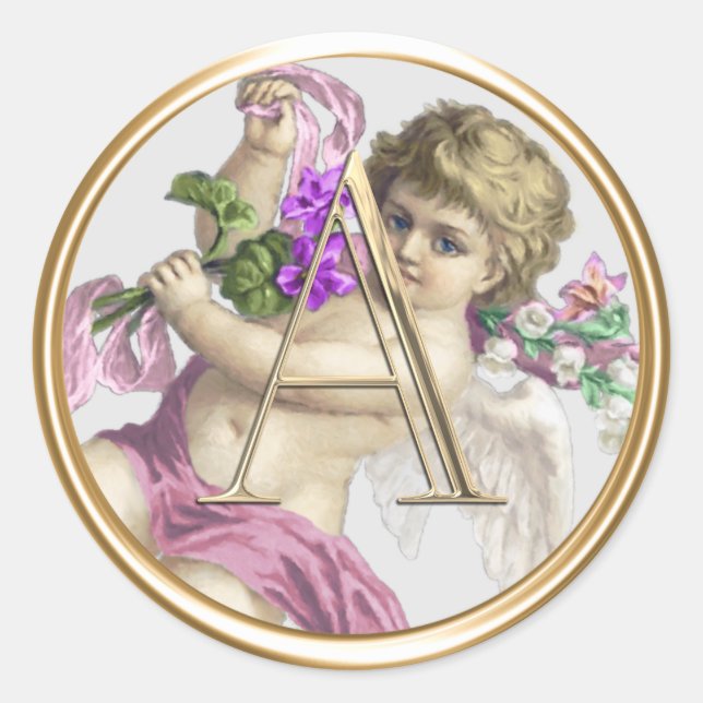 ALLE INITIALS Gold Monogram Cherub Dusty Rose Pink Runder Aufkleber (Vorderseite)