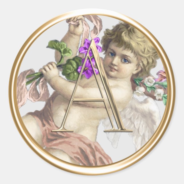 ALLE INITIALS Gold Monogram Cherub Rosen Peach Runder Aufkleber (Vorderseite)