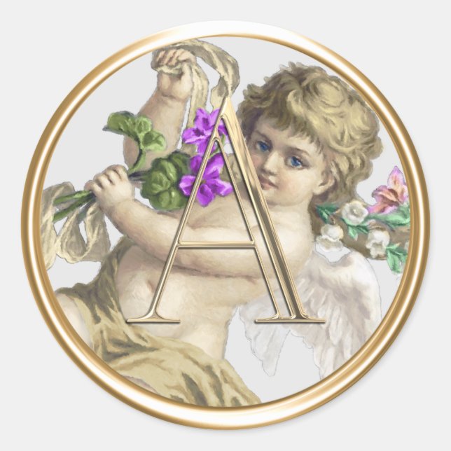 ALLE INITIALS Gold Monogram Cherub Runder Aufkleber (Vorderseite)