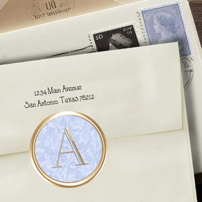 ALLE INITIALS Gold Monogram Dusty Blue Blätter Runder Aufkleber (Von Creator hochgeladen)