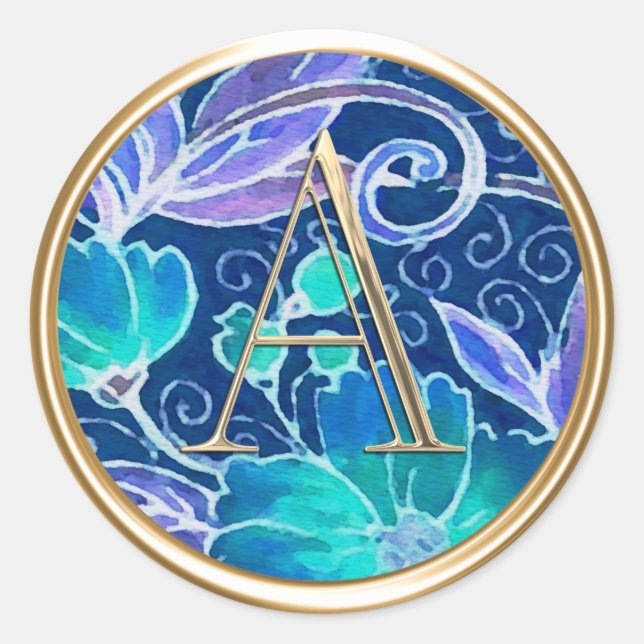 ALLE INITIALS Gold Monogramm Himbeere Blue Floral Runder Aufkleber (Vorderseite)