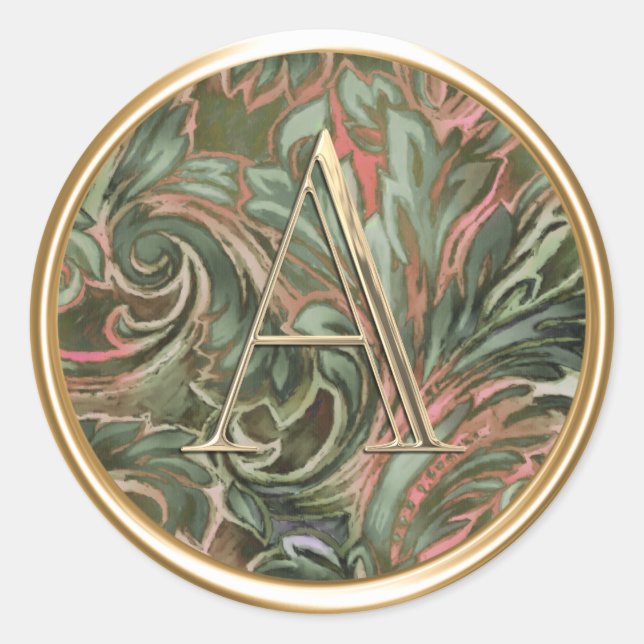 ALLE INITIALS Gold Monogramm Rosa und grüne Damask Runder Aufkleber (Vorderseite)