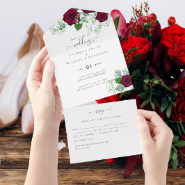 Alle inklusiven Deep-Rote Rosen Hochzeit RSVP All In One Einladung