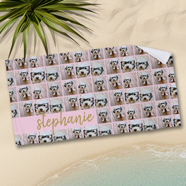 Alle mehr als 6 Fotocollage Rosa und Gold Script N Strandtuch (Personalized Beach Towel - Add Photos and Text)
