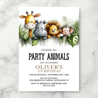 Alle Party-Tiere kommen zum 1. Geburtstag Einladung