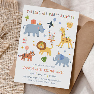 Alle Party-Tiere Safari-Zoo-Geburtstag Einladung
