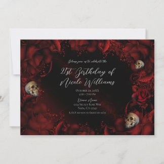 Alle Rote Rosen und Skulls Dark Floral Geburtstags Einladung