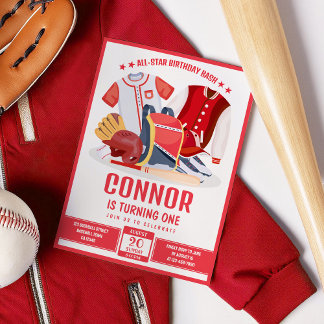 Alle Star Athlete Baseball Red Sports Geburtstag Einladung