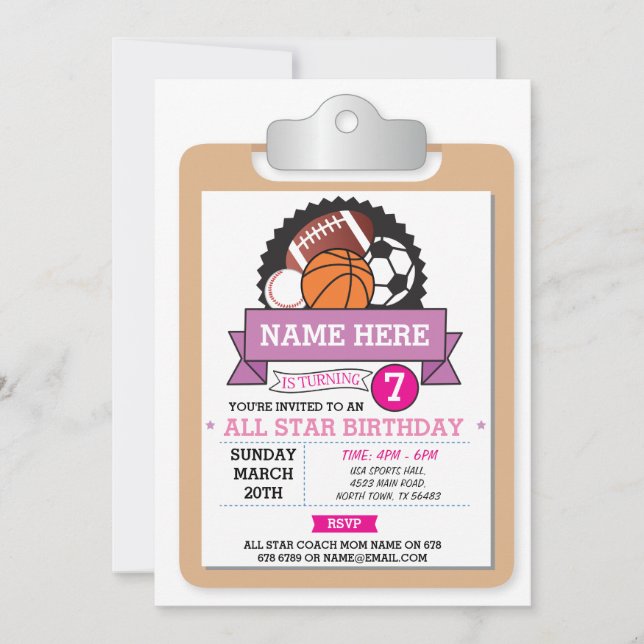 Alle Star Sports Party Pink Girls zum Geburtstag e Einladung (Vorderseite)