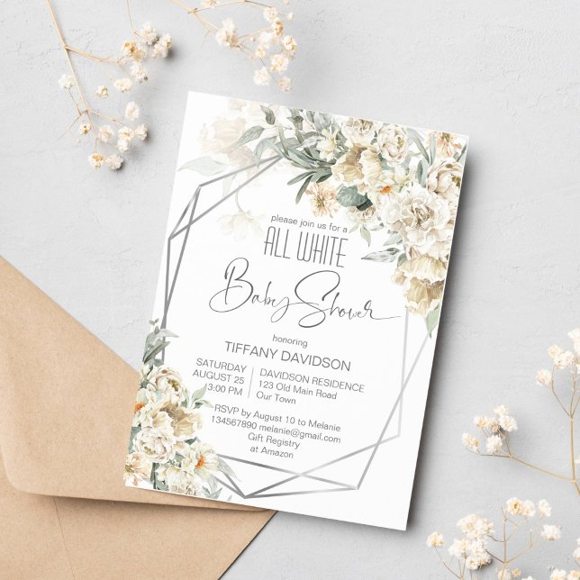 Alle weißen Babydusche silberfarbene Rahmen Einladung (All white baby shower invitation white flowers silver geometrical frame silver sage white themed)