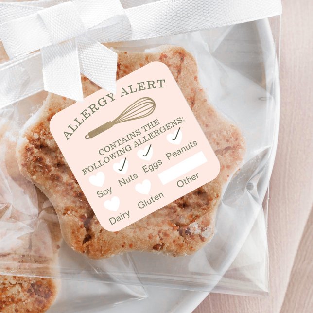 Allergische Warnmeldung Gold Bakery Whisk Pink Quadratischer Aufkleber (Von Creator hochgeladen)
