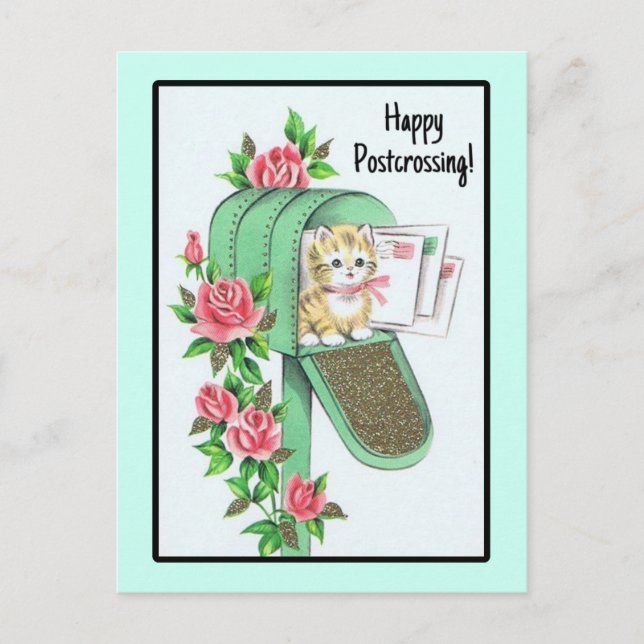 Alles Gute beim Postüberqueren! Vintages Kitten in Postkarte (Vorderseite)