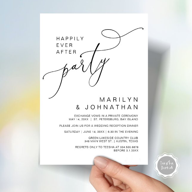 Alles Gute nach dem Empfang Abendessen und Tanzen Einladung (Happily Ever After Reception Dinner and Dancing Cash Bar, Adult only Invitation Card PDF White Black)