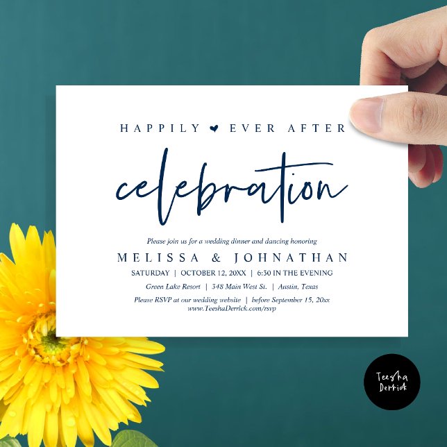 Alles Gute nach Feiern, Hochzeitsessen Einladung (Happily Ever After Celebration, Wedding Dinner Invitation Card, PDF, Modern Script, in Navy Blue)