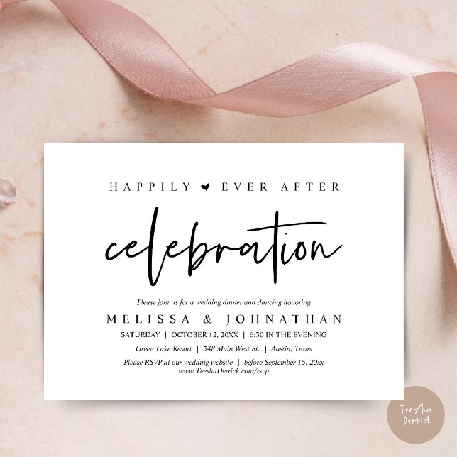 Alles Gute nach Feiern, Hochzeitsessen Einladung (Happily Ever After Celebration, Wedding Dinner Invitation Card, PDF, Modern Script, in Black White)